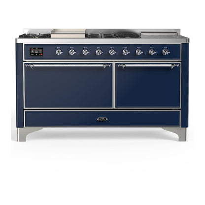 ILVE Majestic III 60-Inch Dual Fuel Range with 7 Sealed Burners + Griddle + French Top, 5.8 cu. ft. Oven, Mightnight Blue with Chrome Trim, Liquid Propane, Solid Door, UM60FSQNR3MBCLP