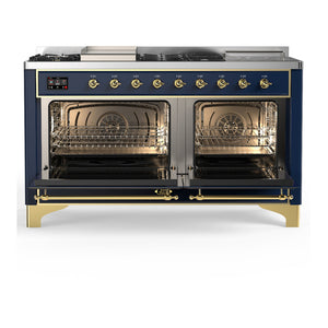 ILVE Majestic III 60-Inch Dual Fuel Range with 7 Sealed Burners + Griddle + French Top, 5.8 cu. ft. Oven, Mightnight Blue with Brass Trim, Liquid Propane, Solid Door, UM60FSQNR3MBGLP