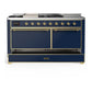 ILVE Majestic III 60-Inch Dual Fuel Range with 7 Sealed Burners + Griddle + French Top, 5.8 cu. ft. Oven, Mightnight Blue with Brass Trim, Liquid Propane, Solid Door, UM60FSQNR3MBGLP
