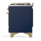 ILVE Majestic III 60-Inch Dual Fuel Range with 7 Sealed Burners + Griddle + French Top, 5.8 cu. ft. Oven, Mightnight Blue with Brass Trim, Liquid Propane, Solid Door, UM60FSQNR3MBGLP