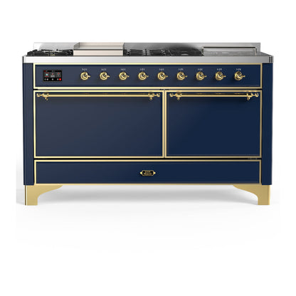 ILVE Majestic III 60-Inch Dual Fuel Range with 7 Sealed Burners + Griddle + French Top, 5.8 cu. ft. Oven, Mightnight Blue with Brass Trim, Liquid Propane, Solid Door, UM60FSQNR3MBGLP