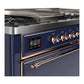ILVE Majestic III 60-Inch Dual Fuel Range with 7 Sealed Burners + Griddle + French Top, 5.8 cu. ft. Oven, Mightnight Blue with Copper Trim, Liquid Propane, Solid Door, UM60FSQNR3MBPLP