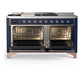 ILVE Majestic III 60-Inch Dual Fuel Range with 7 Sealed Burners + Griddle + French Top, 5.8 cu. ft. Oven, Mightnight Blue with Copper Trim, Liquid Propane, Solid Door, UM60FSQNR3MBPLP