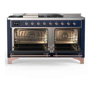 ILVE Majestic III 60-Inch Dual Fuel Range with 7 Sealed Burners + Griddle + French Top, 5.8 cu. ft. Oven, Mightnight Blue with Copper Trim, Liquid Propane, Solid Door, UM60FSQNR3MBPLP