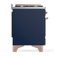 ILVE Majestic III 60-Inch Dual Fuel Range with 7 Sealed Burners + Griddle + French Top, 5.8 cu. ft. Oven, Mightnight Blue with Copper Trim, Liquid Propane, Solid Door, UM60FSQNR3MBPLP