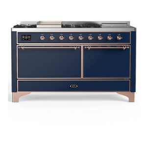 ILVE Majestic III 60-Inch Dual Fuel Range with 7 Sealed Burners + Griddle + French Top, 5.8 cu. ft. Oven, Mightnight Blue with Copper Trim, Natural Gas, Solid Door, UM60FSQNR3MBP