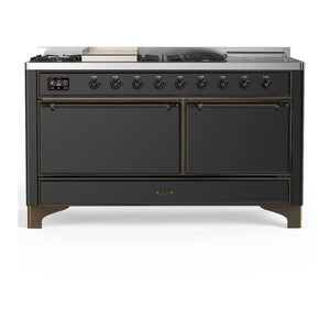 ILVE Majestic III 60-Inch Dual Fuel Range with 7 Sealed Burners + Griddle + French Top, 5.8 cu. ft. Oven, Matte Graphite with Burnished Trim, Liquid Propane, Solid Door, UM60FSQNR3MGBLP