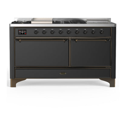 ILVE Majestic III 60-Inch Dual Fuel Range with 7 Sealed Burners + Griddle + French Top, 5.8 cu. ft. Oven, Matte Graphite with Burnished Trim, Liquid Propane, Solid Door, UM60FSQNR3MGBLP