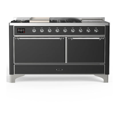 ILVE Majestic III 60-Inch Dual Fuel Range with 7 Sealed Burners + Griddle + French Top, 5.8 cu. ft. Oven, Matte Graphite with Chrome Trim, Liquid Propane, Solid Door, UM60FSQNR3MGCLP