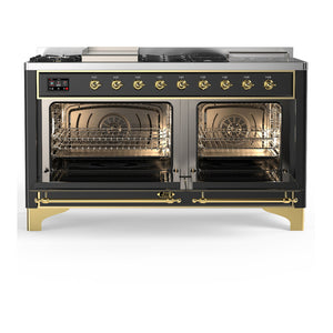 ILVE Majestic III 60-Inch Dual Fuel Range with 7 Sealed Burners + Griddle + French Top, 5.8 cu. ft. Oven, Matte Graphite with Brass Trim, Liquid Propane, Solid Door, UM60FSQNR3MGGLP
