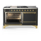 ILVE Majestic III 60-Inch Dual Fuel Range with 7 Sealed Burners + Griddle + French Top, 5.8 cu. ft. Oven, Matte Graphite with Brass Trim, Liquid Propane, Solid Door, UM60FSQNR3MGGLP