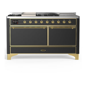 ILVE Majestic III 60-Inch Dual Fuel Range with 7 Sealed Burners + Griddle + French Top, 5.8 cu. ft. Oven, Matte Graphite with Brass Trim, Liquid Propane, Solid Door, UM60FSQNR3MGGLP