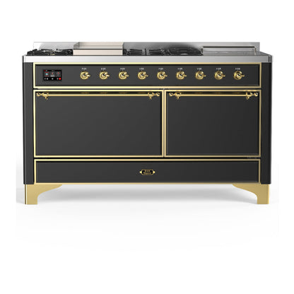 ILVE Majestic III 60-Inch Dual Fuel Range with 7 Sealed Burners + Griddle + French Top, 5.8 cu. ft. Oven, Matte Graphite with Brass Trim, Natural Gas, Solid Door, UM60FSQNR3MGG