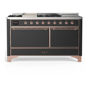 ILVE Majestic III 60-Inch Dual Fuel Range with 7 Sealed Burners + Griddle + French Top, 5.8 cu. ft. Oven, Matte Graphite with Copper Trim, Liquid Propane, Solid Door, UM60FSQNR3MGPLP