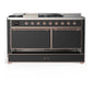 ILVE Majestic III 60-Inch Dual Fuel Range with 7 Sealed Burners + Griddle + French Top, 5.8 cu. ft. Oven, Matte Graphite with Copper Trim, Natural Gas, Solid Door, UM60FSQNR3MGP