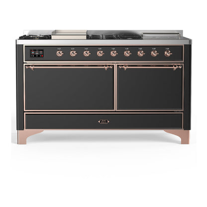 ILVE Majestic III 60-Inch Dual Fuel Range with 7 Sealed Burners + Griddle + French Top, 5.8 cu. ft. Oven, Matte Graphite with Copper Trim, Natural Gas, Solid Door, UM60FSQNR3MGP
