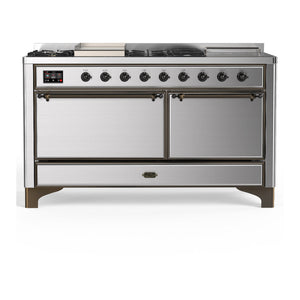 ILVE Majestic III 60-Inch Dual Fuel Range with 7 Sealed Burners + Griddle + French Top, 5.8 cu. ft. Oven, Stainless Steel with Burnished Trim, Liquid Propane, Solid Door, UM60FSQNR3SSBLP