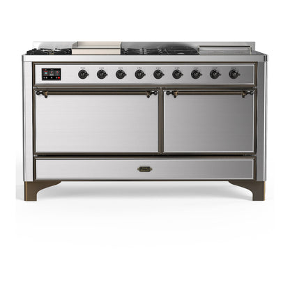 ILVE Majestic III 60-Inch Dual Fuel Range with 7 Sealed Burners + Griddle + French Top, 5.8 cu. ft. Oven, Stainless Steel with Burnished Trim, Liquid Propane, Solid Door, UM60FSQNR3SSBLP
