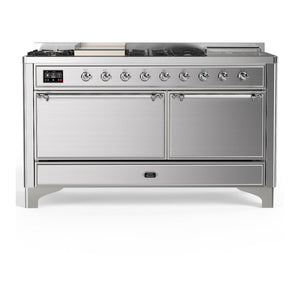 ILVE Majestic III 60-Inch Dual Fuel Range with 7 Sealed Burners + Griddle + French Top, 5.8 cu. ft. Oven, Stainless Steel with Chrome Trim, Liquid Propane, Solid Door, UM60FSQNR3SSCLP
