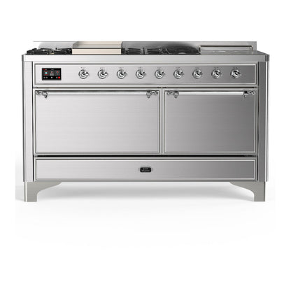 ILVE Majestic III 60-Inch Dual Fuel Range with 7 Sealed Burners + Griddle + French Top, 5.8 cu. ft. Oven, Stainless Steel with Chrome Trim, Liquid Propane, Solid Door, UM60FSQNR3SSCLP