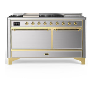 ILVE Majestic III 60-Inch Dual Fuel Range with 7 Sealed Burners + Griddle + French Top, 5.8 cu. ft. Oven, Stainless Steel with Brass Trim, Liquid Propane, Solid Door, UM60FSQNR3SSGLP