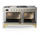 ILVE Majestic III 60-Inch Dual Fuel Range with 7 Sealed Burners + Griddle + French Top, 5.8 cu. ft. Oven, Stainless Steel with Brass Trim, Liquid Propane, Solid Door, UM60FSQNR3SSGLP
