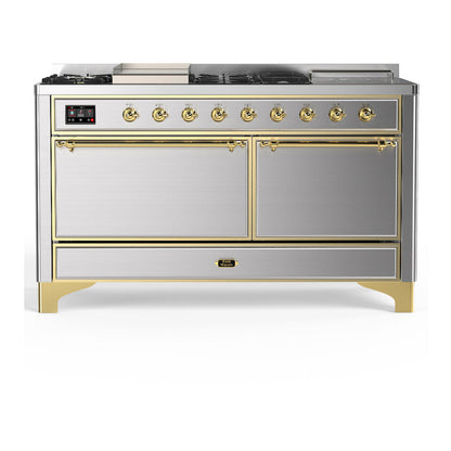 ILVE Majestic III 60-Inch Dual Fuel Range with 7 Sealed Burners + Griddle + French Top, 5.8 cu. ft. Oven, Stainless Steel with Brass Trim, Natural Gas, Solid Door, UM60FSQNR3SSG
