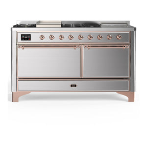 ILVE Majestic III 60-Inch Dual Fuel Range with 7 Sealed Burners + Griddle + French Top, 5.8 cu. ft. Oven, Stainless Steel with Copper Trim, Natural Gas, Solid Door, UM60FSQNR3SSP