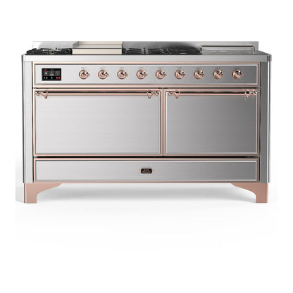 ILVE Majestic III 60-Inch Dual Fuel Range with 7 Sealed Burners + Griddle + French Top, 5.8 cu. ft. Oven, Stainless Steel with Copper Trim, Natural Gas, Solid Door, UM60FSQNR3SSP