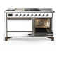 ILVE Majestic III 60-Inch Dual Fuel Range with 7 Sealed Burners + Griddle + French Top, 5.8 cu. ft. Oven, White with Burnished Trim, Liquid Propane, Solid Door, UM60FSQNR3WHBLP