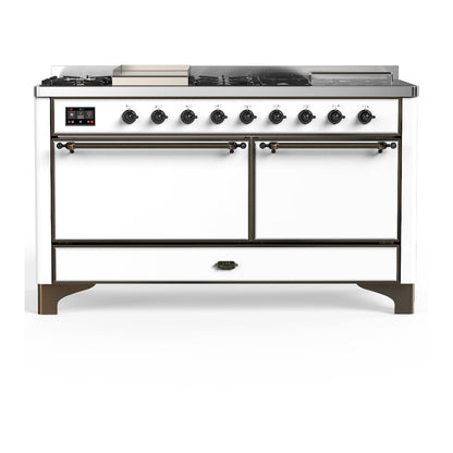 ILVE Majestic III 60-Inch Dual Fuel Range with 7 Sealed Burners + Griddle + French Top, 5.8 cu. ft. Oven, White with Burnished Trim, Natural Gas, Solid Door, UM60FSQNR3WHB