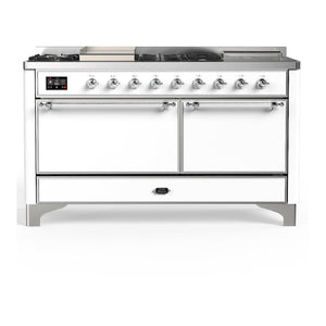 ILVE Majestic III 60-Inch Dual Fuel Range with 7 Sealed Burners + Griddle + French Top, 5.8 cu. ft. Oven, White with Chrome Trim, Natural Gas, Solid Door, UM60FSQNR3WHC