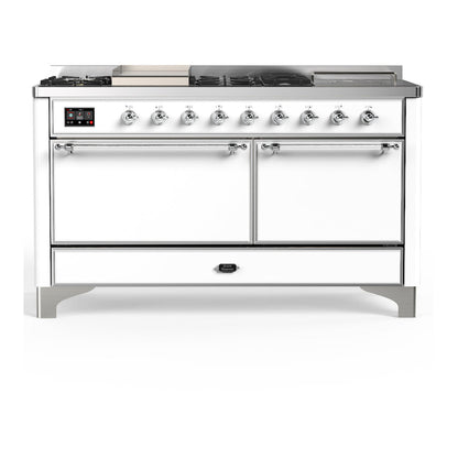 ILVE Majestic III 60-Inch Dual Fuel Range with 7 Sealed Burners + Griddle + French Top, 5.8 cu. ft. Oven, White with Chrome Trim, Natural Gas, Solid Door, UM60FSQNR3WHC
