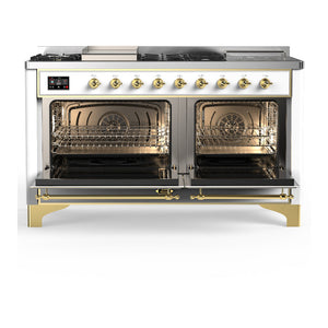 ILVE Majestic III 60-Inch Dual Fuel Range with 7 Sealed Burners + Griddle + French Top, 5.8 cu. ft. Oven, White with Brass Trim, Liquid Propane, Solid Door, UM60FSQNR3WHGLP