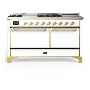 ILVE Majestic III 60-Inch Dual Fuel Range with 7 Sealed Burners + Griddle + French Top, 5.8 cu. ft. Oven, White with Brass Trim, Liquid Propane, Solid Door, UM60FSQNR3WHGLP