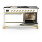 ILVE Majestic III 60-Inch Dual Fuel Range with 7 Sealed Burners + Griddle + French Top, 5.8 cu. ft. Oven, White with Brass Trim, Natural Gas, Solid Door, UM60FSQNR3WHG