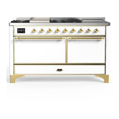 ILVE Majestic III 60-Inch Dual Fuel Range with 7 Sealed Burners + Griddle + French Top, 5.8 cu. ft. Oven, White with Brass Trim, Natural Gas, Solid Door, UM60FSQNR3WHG