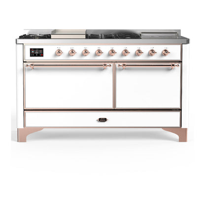 ILVE Majestic III 60-Inch Dual Fuel Range with 7 Sealed Burners + Griddle + French Top, 5.8 cu. ft. Oven, White with Copper Trim, Liquid Propane, Solid Door, UM60FSQNR3WHPLP