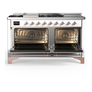 ILVE Majestic III 60-Inch Dual Fuel Range with 7 Sealed Burners + Griddle + French Top, 5.8 cu. ft. Oven, White with Copper Trim, Natural Gas, Solid Door, UM60FSQNR3WHP