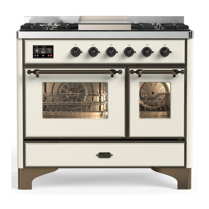 ILVE Majestic III 40-Inch Dual Fuel Range with 6 Sealed Burners + Griddle, 3.82 cu. ft. Oven, Antique White with Burnished Trim, Liquid Propane, Triple Glass Door, UMD40FNR3AWBLP