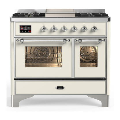 ILVE Majestic III 40-Inch Dual Fuel Range with 6 Sealed Burners + Griddle, 3.82 cu. ft. Oven, Antique White with Chrome Trim, Natural Gas, Triple Glass Door, UMD40FNR3AWC