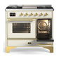 ILVE Majestic III 40-Inch Dual Fuel Range with 6 Sealed Burners + Griddle, 3.82 cu. ft. Oven, Antique White with Brass Trim, Liquid Propane, Triple Glass Door, UMD40FNR3AWGLP