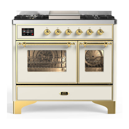 ILVE Majestic III 40-Inch Dual Fuel Range with 6 Sealed Burners + Griddle, 3.82 cu. ft. Oven, Antique White with Brass Trim, Natural Gas, Triple Glass Door, UMD40FNR3AWG
