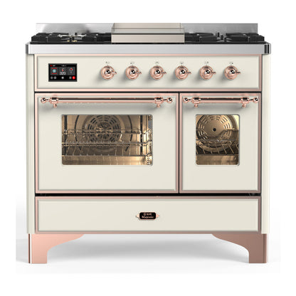 ILVE Majestic III 40-Inch Dual Fuel Range with 6 Sealed Burners + Griddle, 3.82 cu. ft. Oven, Antique White with Copper Trim, Liquid Propane, Triple Glass Door, UMD40FNR3AWPLP