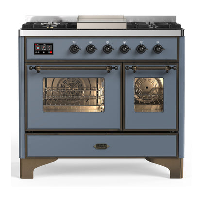 ILVE Majestic III 40-Inch Dual Fuel Range with 6 Sealed Burners + Griddle, 3.82 cu. ft. Oven, Blue Grey with Burnished Trim, Liquid Propane, Triple Glass Door, UMD40FNR3BGBLP