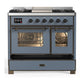 ILVE Majestic III 40-Inch Dual Fuel Range with 6 Sealed Burners + Griddle, 3.82 cu. ft. Oven, Blue Grey with Burnished Trim, Natural Gas, Triple Glass Door, UMD40FNR3BGB