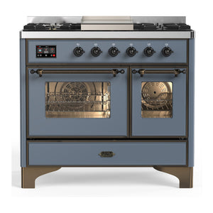 ILVE Majestic III 40-Inch Dual Fuel Range with 6 Sealed Burners + Griddle, 3.82 cu. ft. Oven, Blue Grey with Burnished Trim, Natural Gas, Triple Glass Door, UMD40FNR3BGB