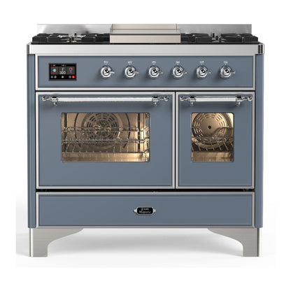 ILVE Majestic III 40-Inch Dual Fuel Range with 6 Sealed Burners + Griddle, 3.82 cu. ft. Oven, Blue Grey with Chrome Trim, Liquid Propane, Triple Glass Door, UMD40FNR3BGCLP