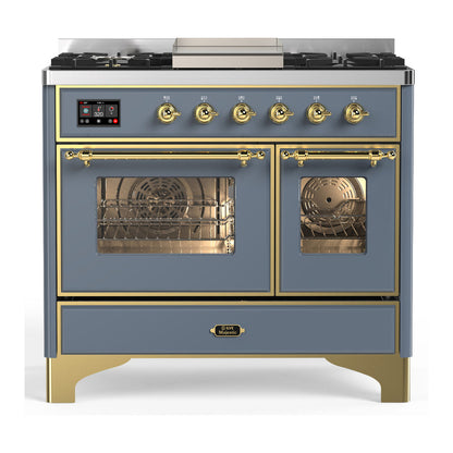 ILVE Majestic III 40-Inch Dual Fuel Range with 6 Sealed Burners + Griddle, 3.82 cu. ft. Oven, Blue Grey with Brass Trim, Liquid Propane, Triple Glass Door, UMD40FNR3BGGLP