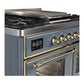 ILVE Majestic III 40-Inch Dual Fuel Range with 6 Sealed Burners + Griddle, 3.82 cu. ft. Oven, Blue Grey with Brass Trim, Natural Gas, Triple Glass Door, UMD40FNR3BGG